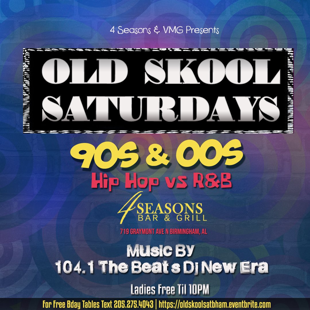 VisMarketingGrp's tweet photo. Saturday Night!
#OldSkoolSaturdays
4 Seasons Bar &amp; Grill
Music By @therealdjnewera 

#Oldskool #OldTownRoadRemix #party #birminghamal https://t.co/mrm15GLr6B