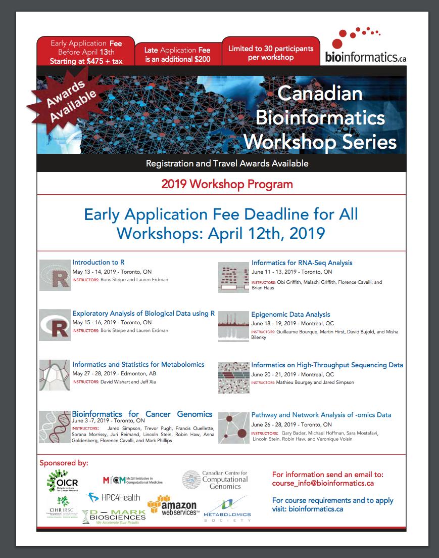 Two more days for early registration fees for Canadian #bioinformatics Workshops … 8 different workshops in #NGS #Metabiolomics #cancer #pathways #rstats #RNASeq #Epigenomics | bit.ly/2TeWKEQ