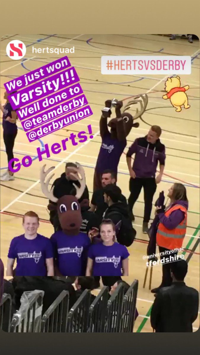 UniofHerts's tweet photo. It’s a win for Herts at #Varsity19! A fantastic achievement for all the teams and great to see so much support from our students 👍🏽 Thank you to @DerbyUni for being such great opponents 🙌🏽 #HertsVsDerby @HertSquad @DerbyUnion https://t.co/34tDsRcyAw