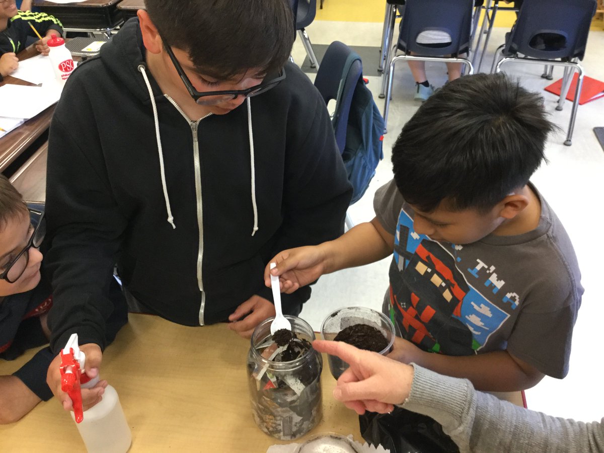 Adding compost worms to their habitats!  Can't wait to see this system in action! #mcdbulldogs #sciencerules