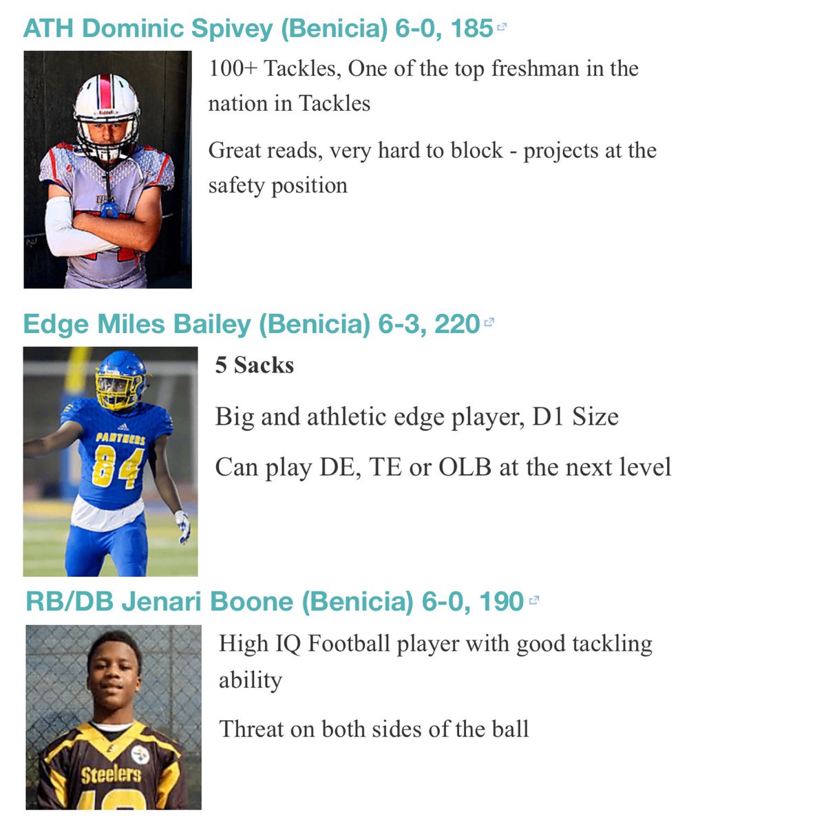 🏈3 Benicia Freshman in the top in California. <a href="/DominicJSpivey/">Dominic Spivey</a> <a href="/Miles84Bailey/">Miles Bailey</a> <a href="/JanariBoone/">Janari Boone</a>