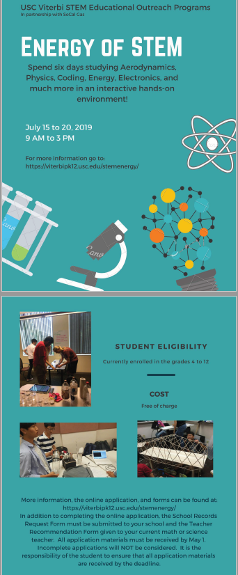 Summer Camps for rising 4th - 12th graders: viterbipk12.usc.edu/stemenergy/