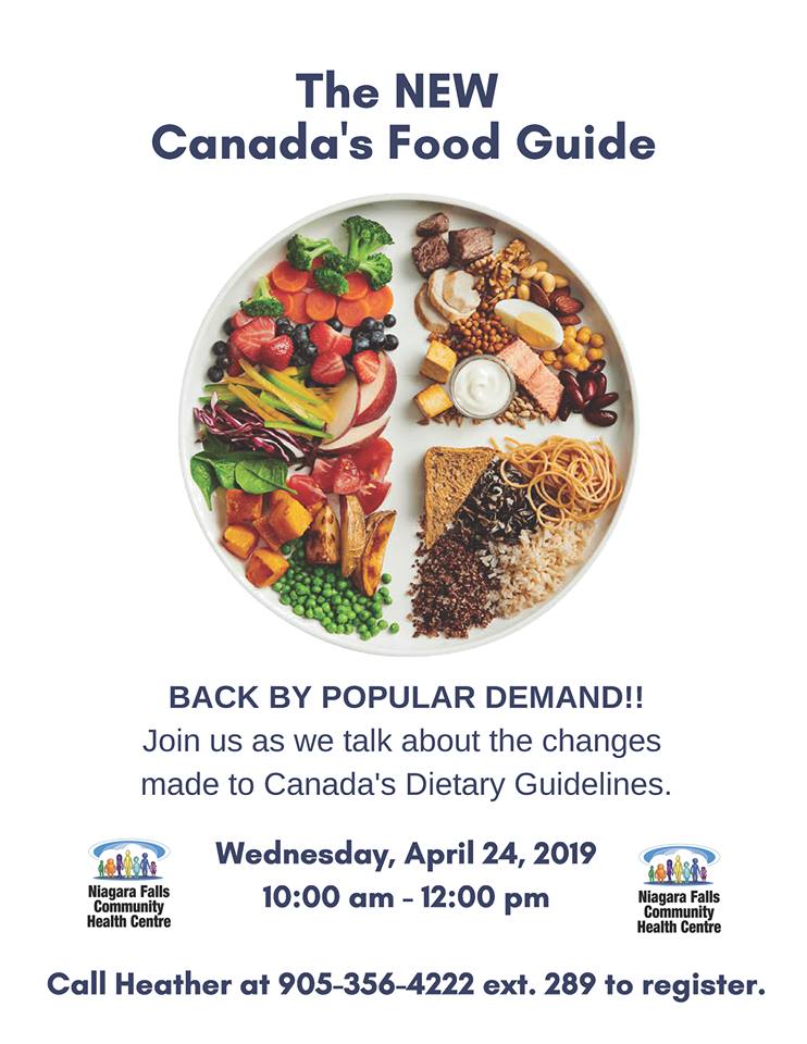 Are you wondering what the new Canada’s Food Guide is all about? Do you want to know more about the changes to the national nutrition guide and  why they were made. Join us April 24th at 10am to learn more! 
Call our Dietitian Heather to register at ext. 289.