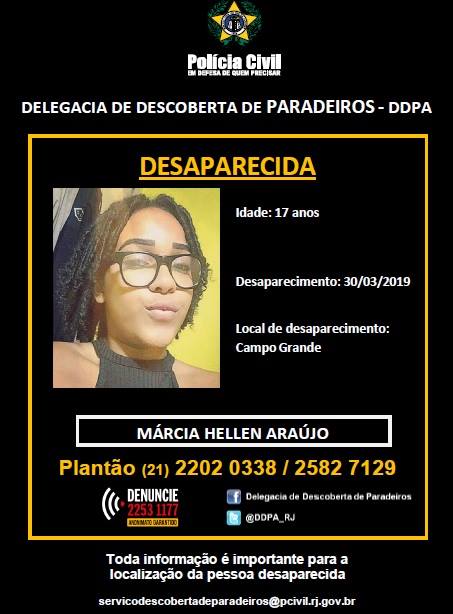 #Boletim de #Ocorrência: DESAPARECIDA > Ajude a #PCERJ / <a href="/DDPA_RJ/">DDPA</a> a localizar Márcia Hellen Araújo.