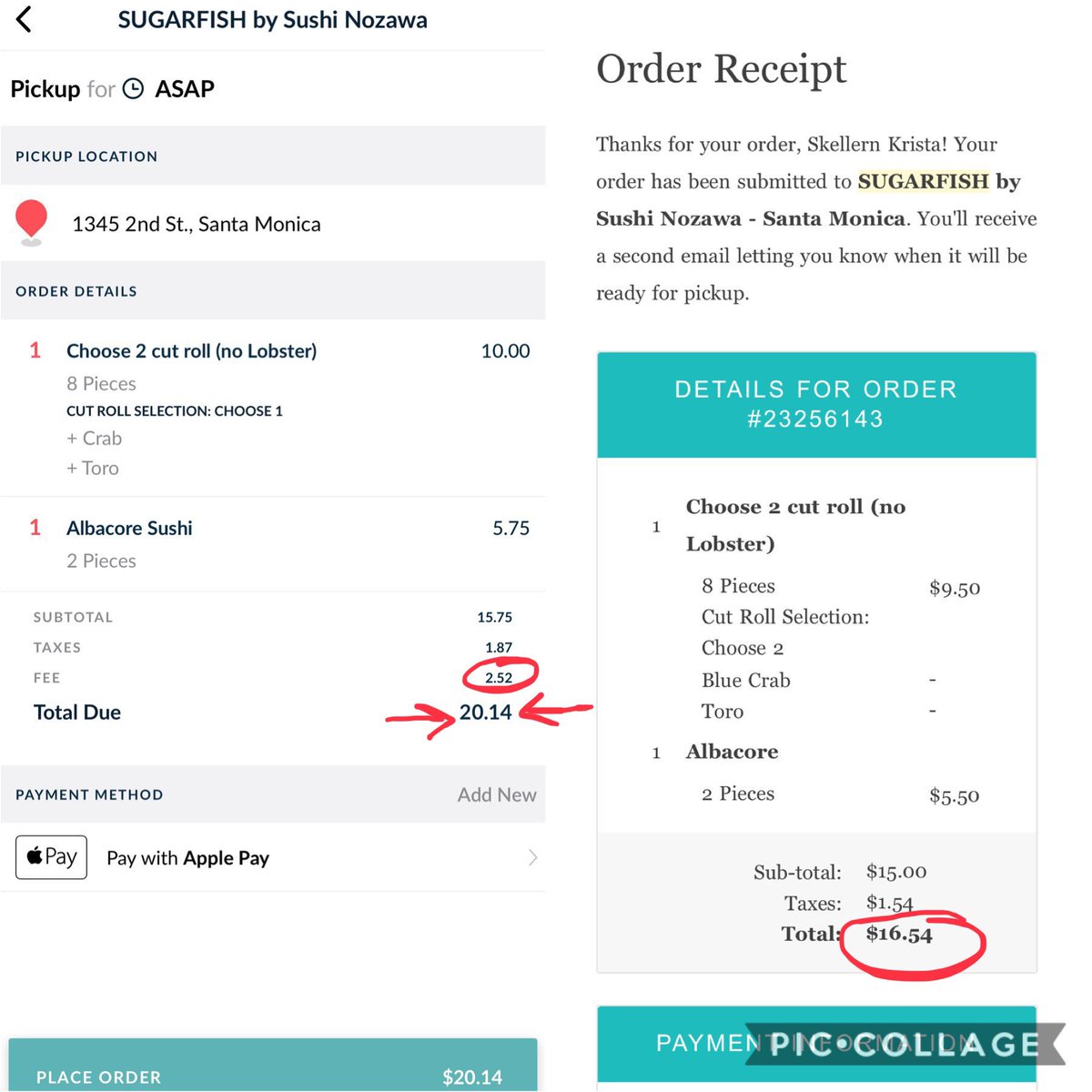 KristaSkellern's tweet photo. Woah woah. Hold up @sugarfish you are now charging a 16% service fee on TO-GO orders?!? Ok you’ve increase prices but not cool to charge a fee for a to-go order. See difference in same order. https://t.co/bOhkX0WYkD