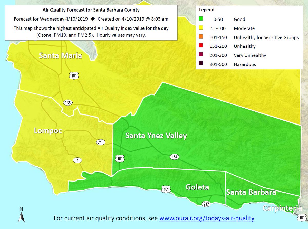 OurAirSBC's tweet photo. Continued winds in the forecast could mean that some areas of county could experience elevated PM levels today and tomorrow. You can always check current conditions and forecasts on our website: https://t.co/9moXEo8Ki5 https://t.co/KwJdmL9rIz