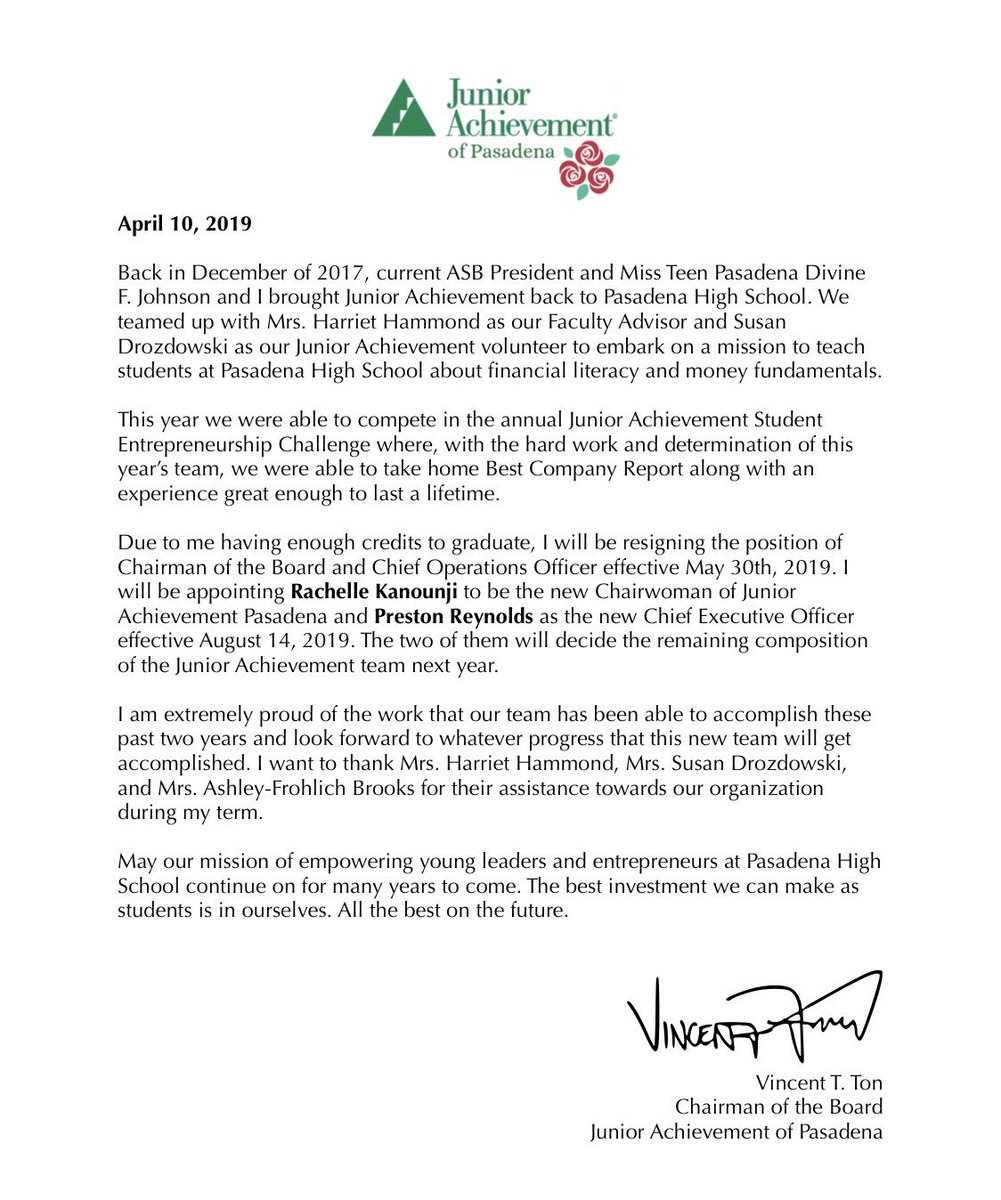 PasadenaHighJA's tweet photo. A statement from the Chairman. https://t.co/VNnaluvYBS