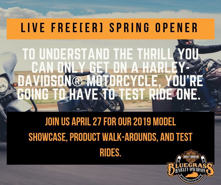 BluegrassHD's tweet photo. Ride to feel the power of pure freedom. There's nothing else like it. Find the bike, ride the bike, make it yours. 

Join us at Bluegrass Harley-Davidson on April 27 for our Spring Opener where we will be showcasing our 2019 motorcycles, giving walk-arounds and doing test rides. https://t.co/jJ0m8eqomr