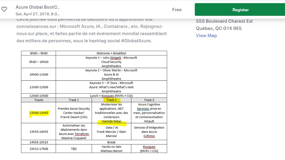 RebaiHamida's tweet image. Après &quot;Global AI Night&quot; en tant que Proctor, je serais une conférencière dans Global Azure Bootcamp 2019 le 27 Avril 2019 à l&apos;ENAP Québec.
#bootcamp #azurebootcamp #microsoft #docker
#MVPBuzz