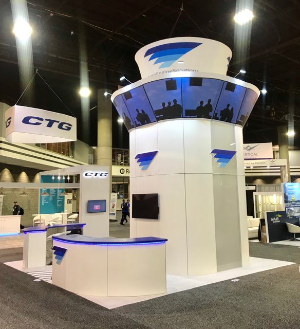 MooseExhibits's tweet photo. Wencor and CTG Aero are flying high at MRO! Check out CTG's air traffic control tower meeting space and Wencor's lofted conference area! These creative elements add that extra stand-out aesthetic! How do you stand-out with your exhibit presence? #goteammoose #mro2019 https://t.co/mrqYYscaIp