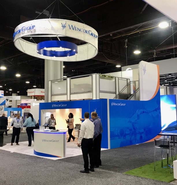 MooseExhibits's tweet photo. Wencor and CTG Aero are flying high at MRO! Check out CTG's air traffic control tower meeting space and Wencor's lofted conference area! These creative elements add that extra stand-out aesthetic! How do you stand-out with your exhibit presence? #goteammoose #mro2019 https://t.co/mrqYYscaIp