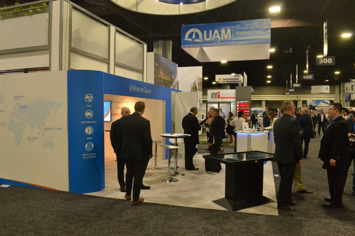 MooseExhibits's tweet photo. Wencor and CTG Aero are flying high at MRO! Check out CTG's air traffic control tower meeting space and Wencor's lofted conference area! These creative elements add that extra stand-out aesthetic! How do you stand-out with your exhibit presence? #goteammoose #mro2019 https://t.co/mrqYYscaIp