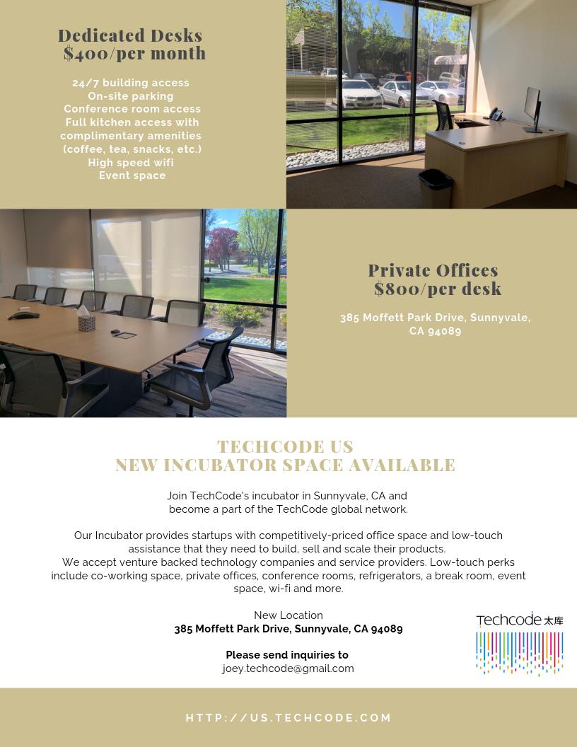 TechCodeUS's tweet image. Techcode US Silicon Valley New Incubator Space AVAILABLE! 
New Location at 385 Moffett Park Drive, Sunnyvale, CA 94089
Contact us for more info:us.techcode.com/incubator
#incubator #coworkingspace #SiliconValley #sunnyvale #startups