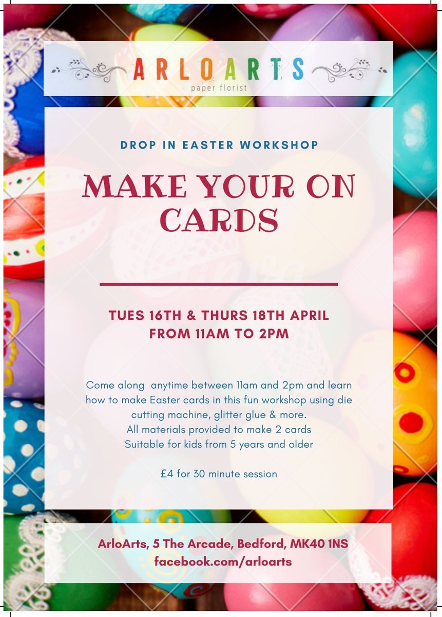 ArloArts's tweet photo. Looking for Easter activities for the kids?
How about a card making session? Drop in anytime between 11am and 2pm on Tues or Thurs and during a 30 min session make some cards.
All materials provided and suitable for ages 5 and up
#bedford #easterfun #craftworkshop https://t.co/Dgo7C5g62b