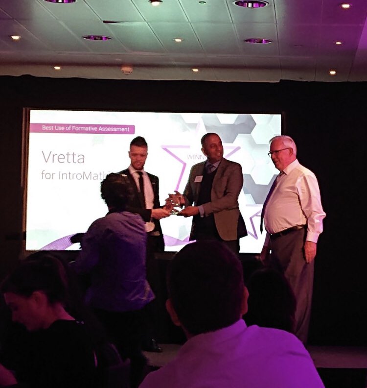 anandkarat's tweet photo. Congratulations team #Vretta for winning the best use of formative assessment, #IntroMath, at the #eAssess19 award ceremony! @eAssess #eAssessment https://t.co/N7QCJVSt15