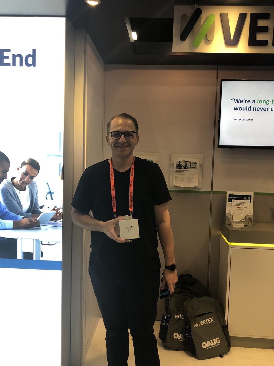 CBassiri's tweet photo. The awesome winner of the Apple AirPods!!! @vertexinc #questopoly game #C19TX https://t.co/8iOxedsx67