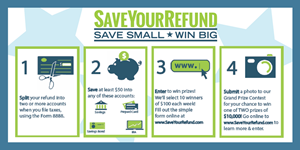 AmericaSaves's tweet photo. Use Form 8888 when you file taxes to split your refund into two parts: spending and savings! #SaveYourRefund https://t.co/LbLs10kai3