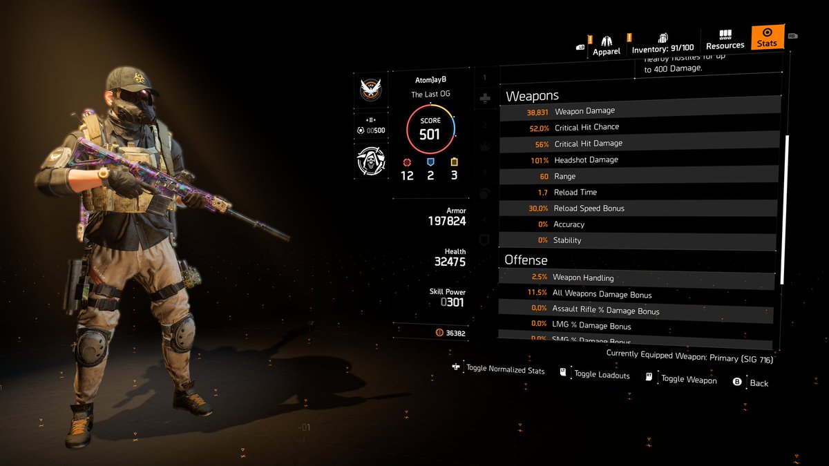 AdamJayBurt83's tweet photo. Show you mine, you show me yours.
;)
My favorite build:
108k damage headshot crits
120k damage boomerang headshot crits (30-40 round mags)
52% crit chance.
#Division2
#mixerstreamersunite
#critbuild https://t.co/zjKpHst1sm