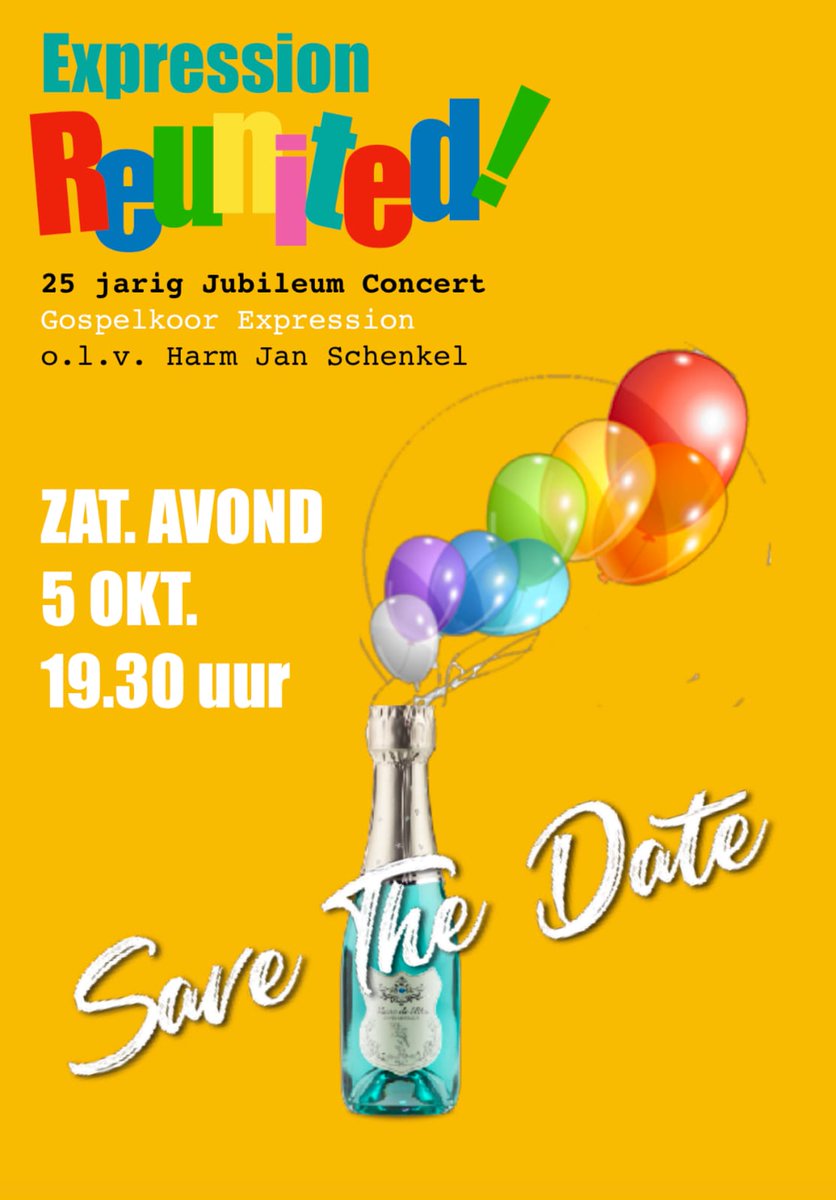 Het duurt nog wel even, maar achter de schermen wordt al volop gewerkt aan de voorbereidingen van ons volgende concert! 
Het belooft een knalfuif te worden!
Dussssss save the date:

🎉Expression 25 jaar🎉 
🎈Jubileumconcert🎈
🍾zaterdag 5 oktober🍾