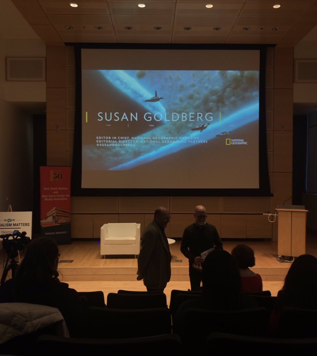 Excited to hear Susan Goldberg, editor-in-chief of <a href="/NatGeo/">National Geographic</a>, talk about why #JournalismMatters and the cutting edge of magazines, storytelling, and platform strategy! #NewhouseSpeaks