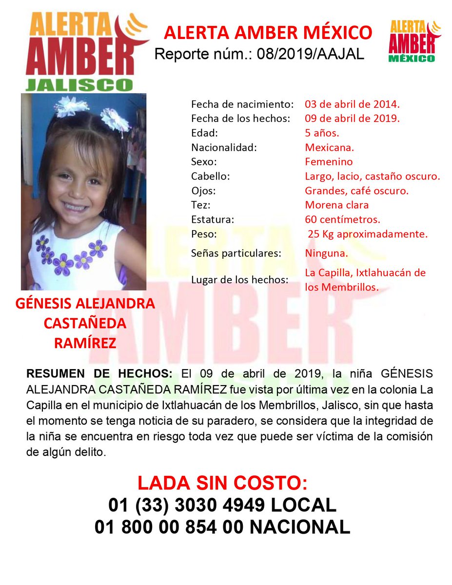 AAMBER_JAL's tweet image. #AlertaAmber solicita tu apoyo para la búsqueda y localización de la menor GÉNESIS ALEJANDRA CASTAÑEDA RAMÍREZ de 5 años de edad. Gracias por compartir esta información.