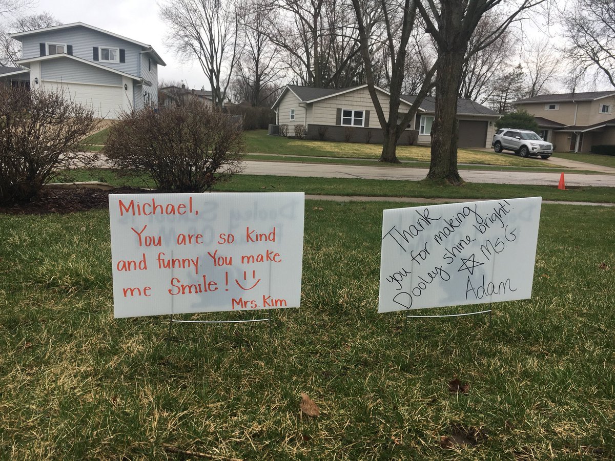 My boys were so surprised and happy to see personalized signs left on our lawn by Dooley School! Thank you Mrs. Kim and Ms. G! #dooleyschool54 #happiness