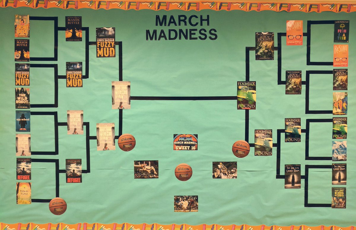 UESLibrary's tweet image. Tomorrow is the last day to vote for our #MBM tournament! For 4th/5th grade, will it be A Night Divided by @nielsenwriter or Found by @MPHaddix? For 3rd grade, will it be I Survived the Attack of the Grizzlies by @laurenTarshis or Swindle by @gordonkorman? Find out Friday! 🏀📚