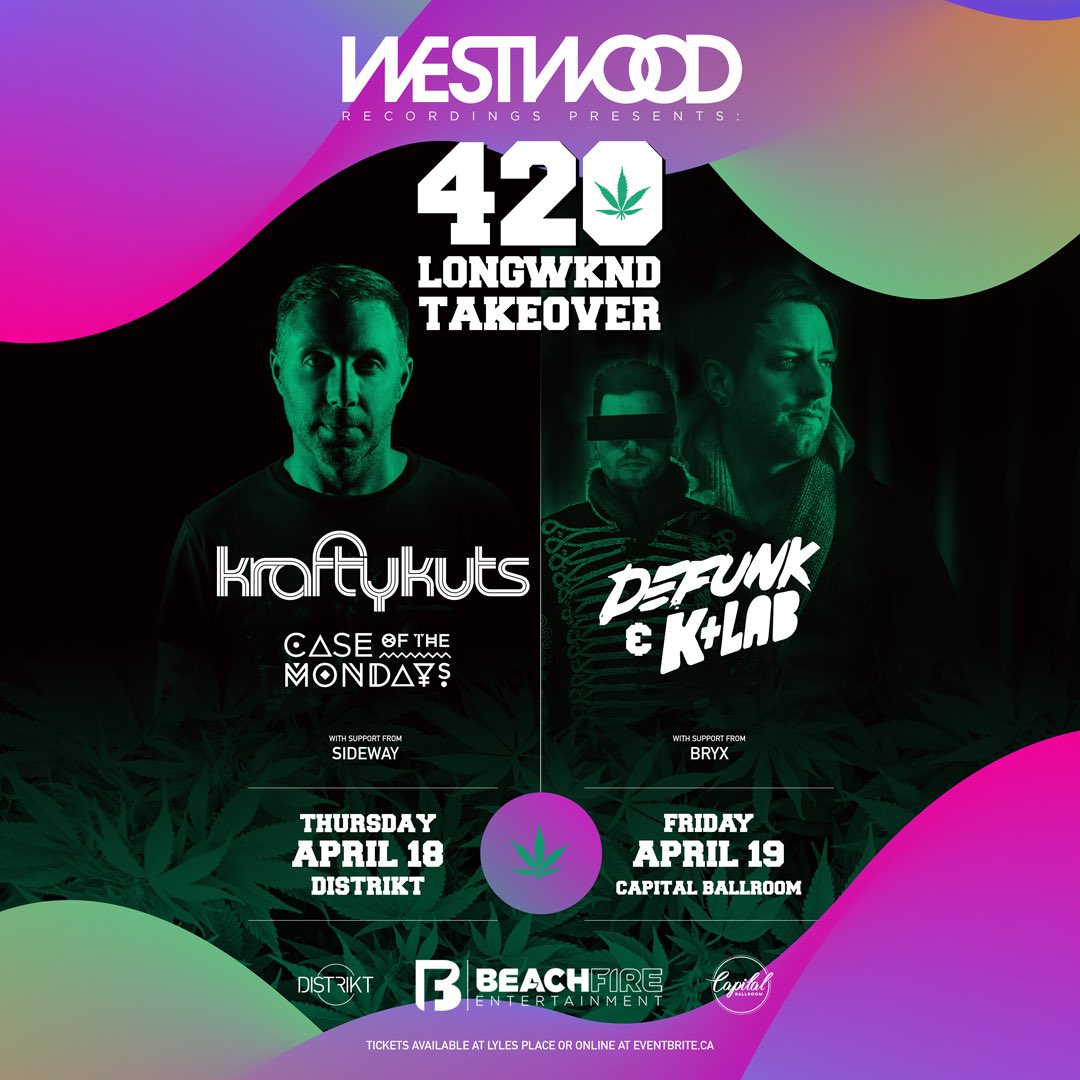 We are giving away a couple of tickets to both of our 420 shows next week 🙌🏽 <a href="/Krafty_Kuts/">Krafty Kuts</a> <a href="/Defunk_Official/">⚡DEFUNK⚡</a> <a href="/Klabmusic/">K-Lab Music</a> <a href="/COTM_OFFICIAL/">Case of the Mondays</a>

Enter here: smarturl.it/westwood-vic
