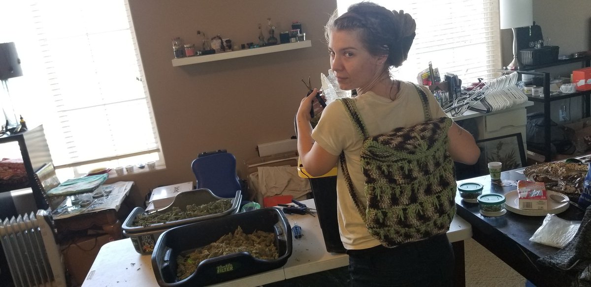 FOESAD5150's tweet photo. @amber0345 models the #new #PufferPak #Goddess edition large available on @Etsy @ #FOESAD5150 #etsyshop #etsy #handmade #crochet #cannabis #connoisseur #culture #art #accessory #backpack #trimscene #trimcation #slaytray @harvest_more #trimbin #trimbinforthewin #1620 https://t.co/cOHKHDXnwE