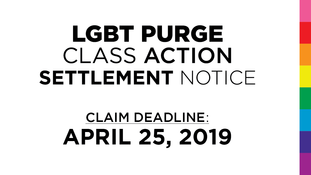 rcmpgrcpolice's tweet photo. The claim process in the "LGBT Purge" class action lawsuit settlement ends April 25, 2019. #LGBTPurge refers to federal anti-LGBTQ2 policies and practices that existed in the 50's to 90's. For more information: https://t.co/mvEzaNn0AB https://t.co/rGwOVMzDcM