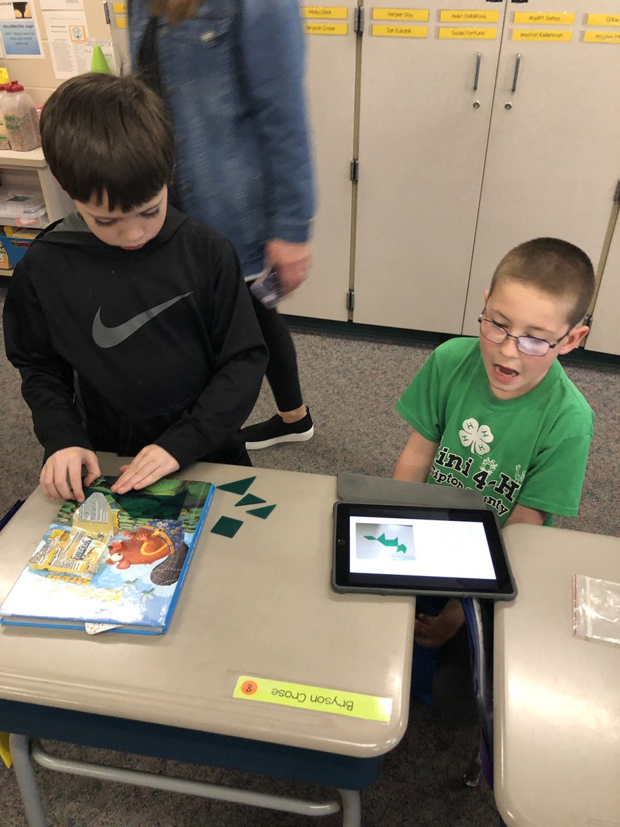 mrsangellfirst's tweet photo. Mrs. Rich’s third graders visited our class today to read their tangram stories. All the kiddos had a great time creating a square and an animal from the tangrams. Love collaborating with other grades! #TiptonPride #tiptonelementary https://t.co/e4fBx7tPXX