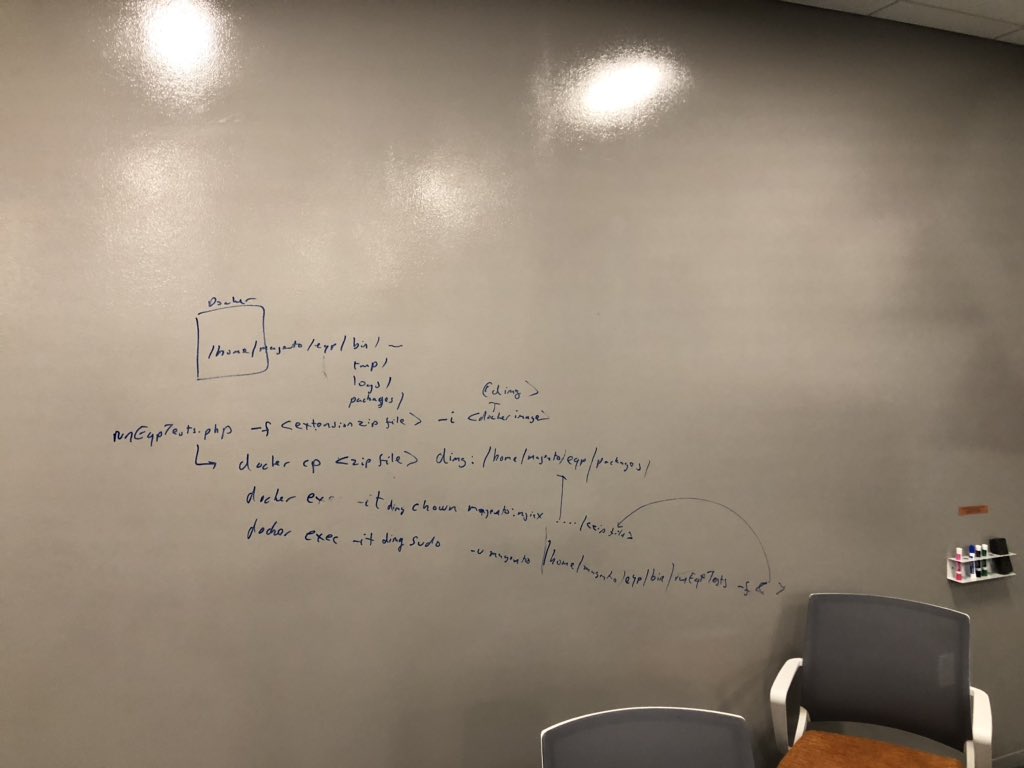 jrmenon's tweet photo. Hackathon day at #Magento! Yeah those are docker commands we plan to script for local testing of extensions with EQP docker images before submitting to #MagentoMP -more details to follow! Hint: these include steps described in slides 14 to 17 at https://t.co/HPo28uJHu5 https://t.co/iAP0eFhEGk