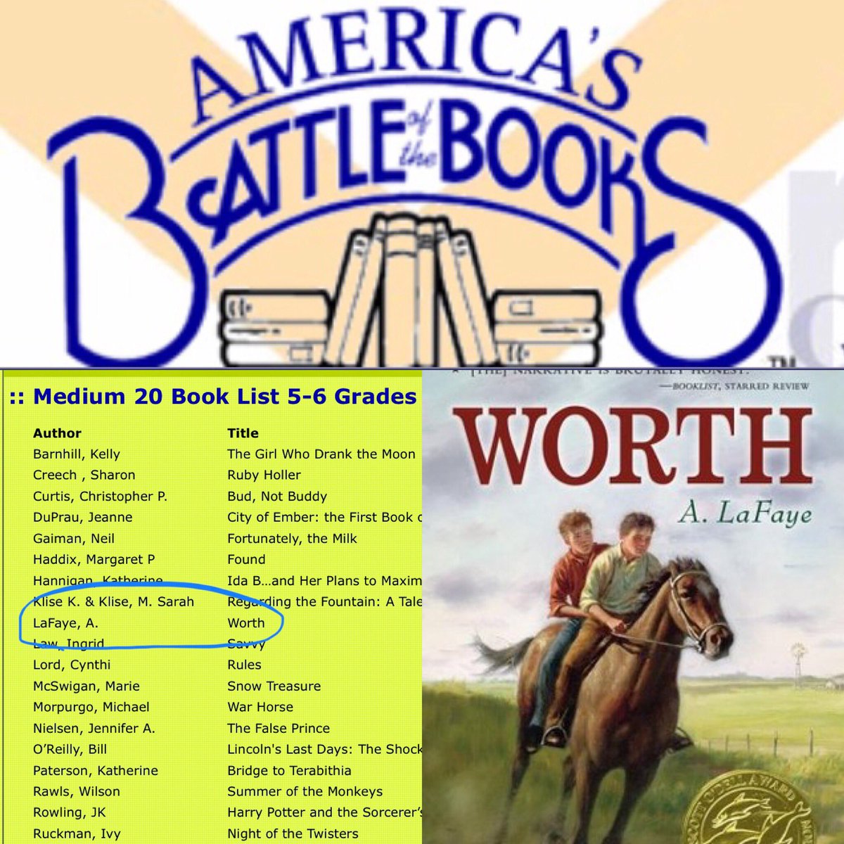 Sylvanocity's tweet image. Worth has been selected for the 2019-20 America’s Battle of the Books. I’m so thrilled. bit.ly/WorthLaFaye