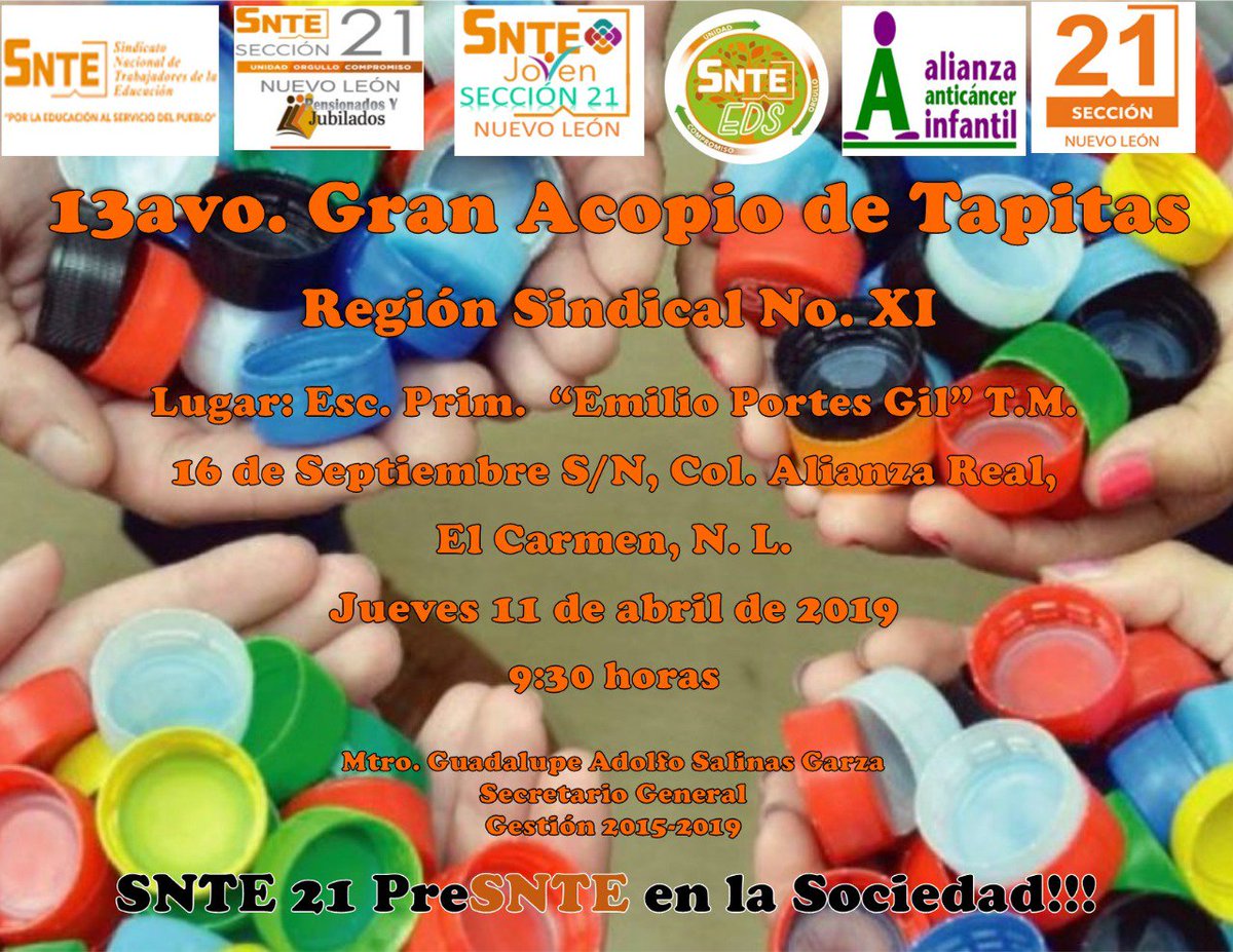 13avo. Gran Acopio de Tapitas de la Sección 21 del SNTE
#SNTE21PreSNTEenlaSociedad <a href="/SnteNacional/">SNTE Nacional</a>  <a href="/SNTE21/">SNTE21</a> <a href="/sntejovennac/">SNTE Joven Nacional</a>  <a href="/GpeSalinas/">Gpe. Salinas</a>  <a href="/MendivilZazueta/">José Mendivil</a> <a href="/jfmc700911/">Paco Mtz</a> <a href="/Betancourt581/">Betancourt58</a>  <a href="/JFedericoCB/">JFederico CantúB</a>  <a href="/RobertoVsquezC1/">RobertoVásquezCastro</a> <a href="/caedka1/">caedka</a> <a href="/maestroTVSNTE/">Maestro TV</a> <a href="/Ivan29RV/">Ivan Rivas</a> <a href="/SNTE_EDS/">SNTE - EDS NACIONAL</a> #AlianzaAnticancerInfantil