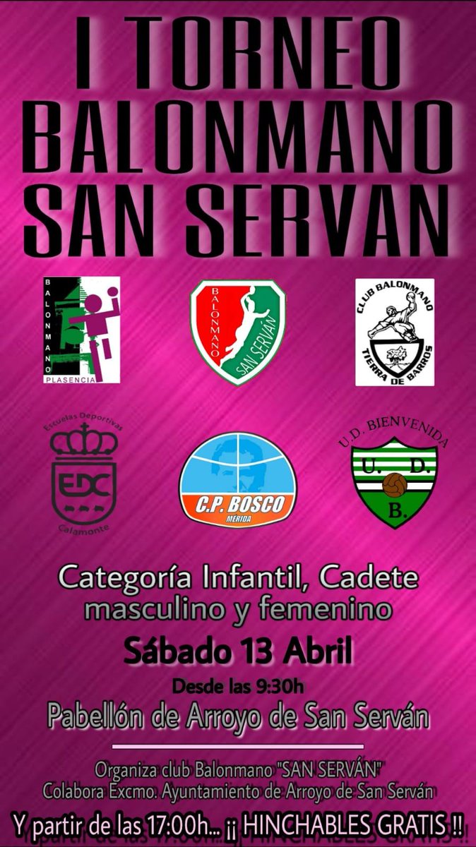CPBoscoMerida's tweet photo. #TorneosSemanaSanta
#Bmno CDT e INF @CPBoscoMerida en el I TORNEO BALONMANO SAN SERVÁN.
Sabado 13 desde las 9:30.
@Bm_SanServan @fexbm https://t.co/fiX9DWPaJU