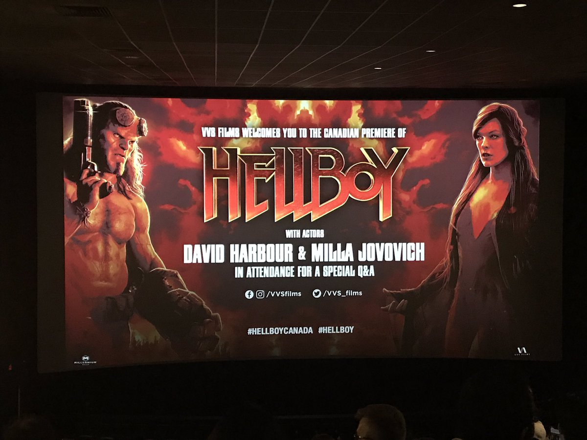 courtneyxviolet's tweet photo. Canadian Premiere of Hellboy with actors @DavidKHarbour & @MillaJovovich in attendance!!! Very excited to see this movie. Big thank you to @JerAtTheMovies for the tickets๐ #Hellboy #HellboyCanada https://t.co/Gcj9B5YNTQ