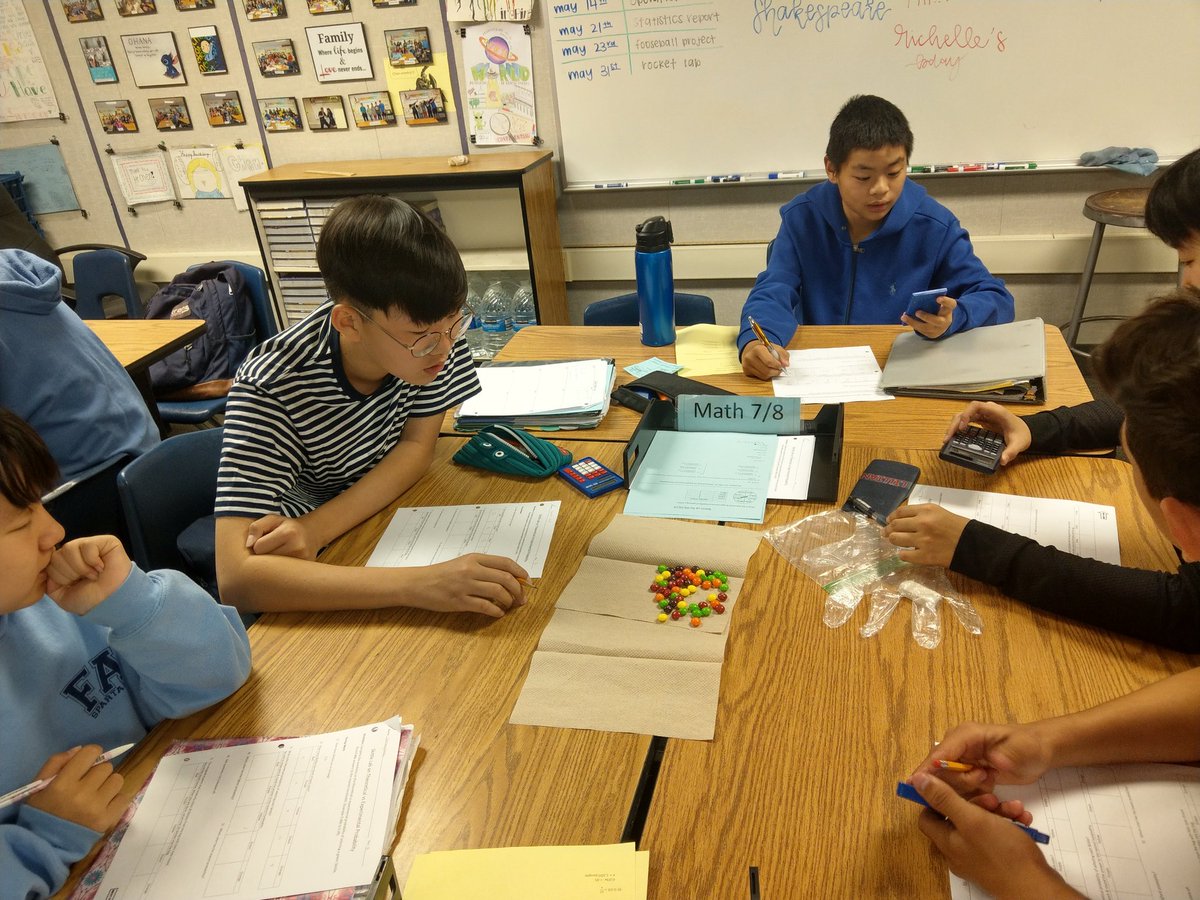 Chen_AUSD's tweet photo. Teaching is tough! But is WORTH it, especially when students smile &amp; realize how math is  everywhere, including a pack of candy. Today students used math &amp; found the probability of getting a red skittle from 3 candy packs. @FirstAvePTSA @FirstAveMS @sissafa786786 @ArcadiaUnified https://t.co/kyPY3Tjl6N