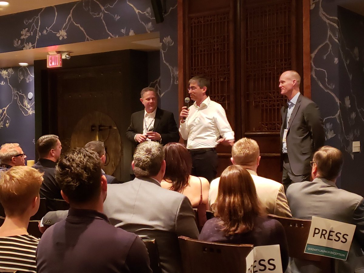 VP of Sales-Americas Ken LaMarca, VP of R&amp;D Chen Porat, and VP of Sales-Americas Key Accounts Marc Whalen address the press, as well as partners and customers at the Qognify Launch Event at Tao Las Vegas. #Qognify #OnSSI #SeeTec #ISCWest #ISCWest19 #QognifyLaunchParty