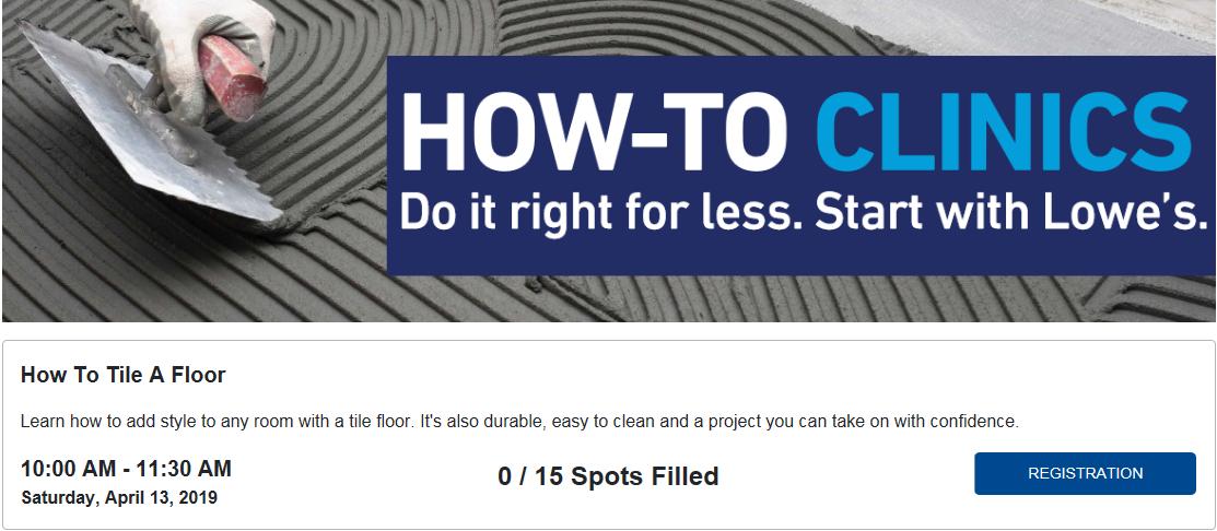 lowe_ct's tweet photo. Learn how to tile a floor this Saturday!!!  Come to the store and signup today!  #Lowes #Doityourself https://t.co/7xCPyuNLwG