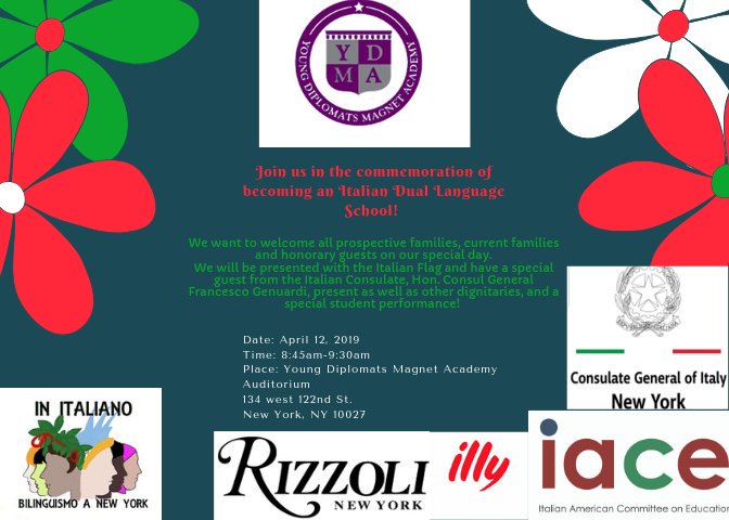 YDMA_PS242's tweet photo. We are holding a special event on Friday, to commemorate our school on becoming an Italian Dual Language School.  We will also have a special student performance! 😎
#PS242ROCKS #ItalianDL 
@D3Supt @DOEChancellor @GaleBrewerNYC @ItalyinNY @josefez09 @Matteosmummy @BeneScaMou https://t.co/XrrSsYuqIH