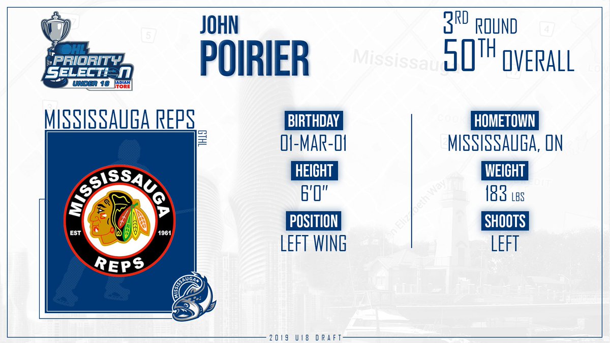 OHLSteelheads's tweet photo. Round 3 - Pick 50 | With the 50th overall selection in the 2019 #OHLU18Draft the #Steelheads are pleased to select John Poirier from the Mississauga Reps! https://t.co/fzIwkQjsYW