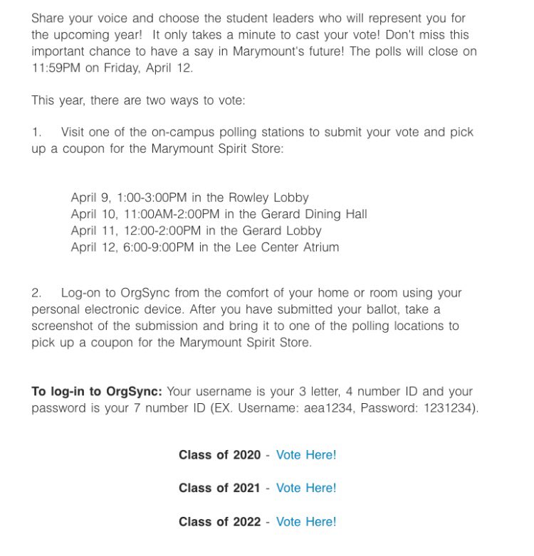 🗳 Voting is still open for the MUSGA Elections on OrgSync! Visit your Marymount email for further details or message us if you have any questions ⤵️