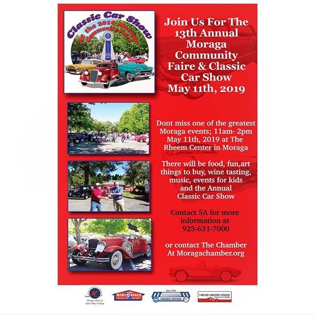 5ASpace's tweet photo. Join 5A for the 13th annual Moraga Community Faire &amp; Classic Car Show May 11th 2019.. We’re still excepting applications to enter the classic car contest 🚗🚘 contact (925)631-7000 or the chamber at https://t.co/6S3tNJxVkm https://t.co/bLVHA6nUXD https://t.co/gzYwQ6TELi