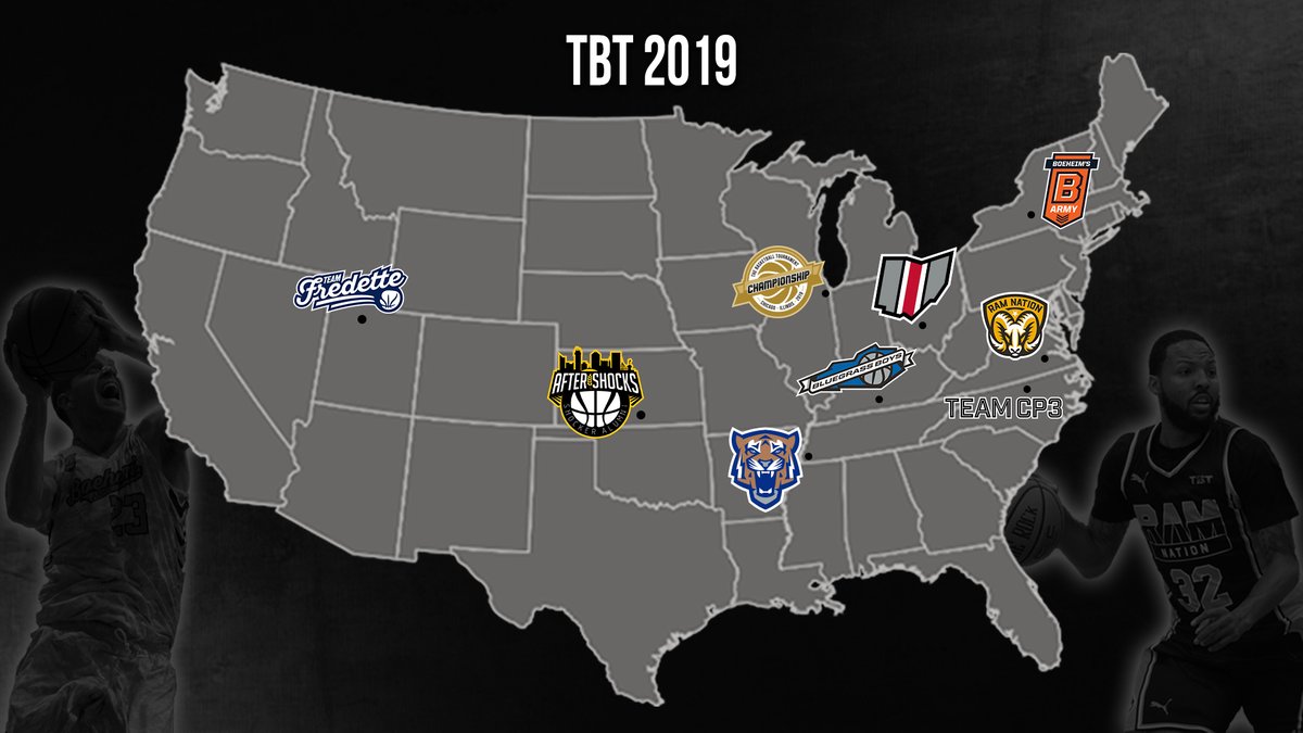 thetournament's tweet photo. This #TBT2019 field is looking 🔥🔥🔥. Who do you want to see accepted next?!?

🔵 @8luegrass8oys 
🐯 Bluff City
⛹️‍♂️ @CP3 
🍊 @BoeheimsArmy 
🐱 @PurpleBlack2K19 
🌰 @ScarletGrayTBT
🌴 @20_tampa 
🏔️ @teamfredettetbt 
🐏 @VCURamNation 
🌾@wsu_aftershocks 

#YourTeamsYourTournament https://t.co/rPyQp3AsOy