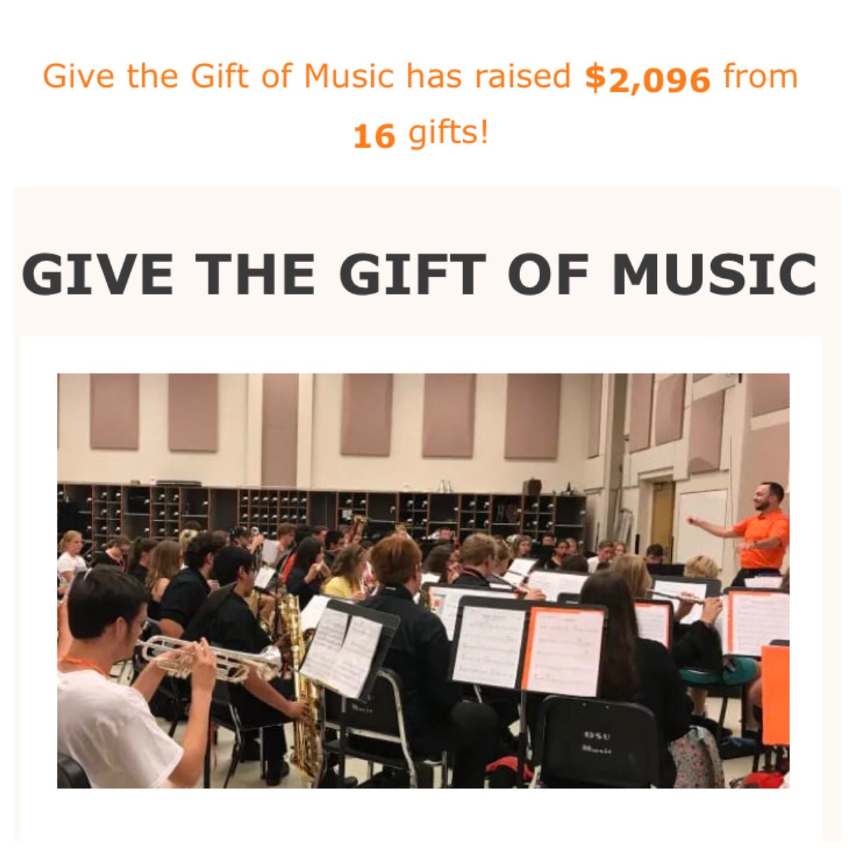 OSUSummerMusic's tweet photo. As #GiveOrange comes to a close, I want to thank everyone who supported the Summer Music Camp Scholarship Fund! As of right now, we raised $2,096 from 16 gifts! Once the donations are added to our PhilanthroPete page, you’ll see your shout out posted here. Thank you again!!! 🎵 https://t.co/KhNdxNccS0