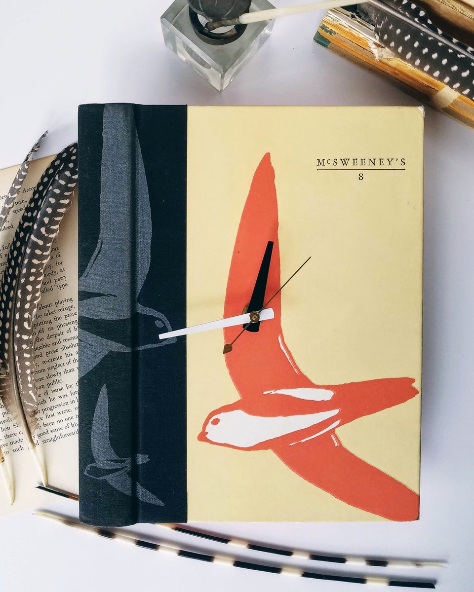 refabdiaries's tweet photo. On rare occasions, they DO make them like they used to! Generally work with vintage books, but the cover on this relatively recent volume of Mcsweeney's (bound in Iceland, 2002) is breathtakingly birdy! 
#upcycling #bookclock https://t.co/vAkjnoJPq5