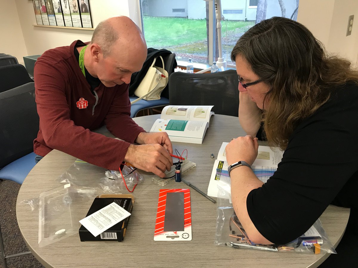 dkvandergugten's tweet photo. We had another successful electronics learning session with our #sd42 teachers. 90 teachers over 3 sessions learned about electronics in the classroom. Teachers explored electronics using @oyvdahl's electronics book, @makeymakey, and soldering the @make robot pin. #Maker #adst https://t.co/q6gCVR3FUs