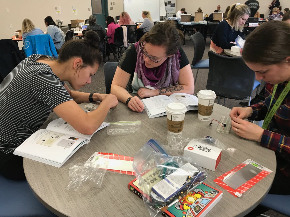 dkvandergugten's tweet photo. We had another successful electronics learning session with our #sd42 teachers. 90 teachers over 3 sessions learned about electronics in the classroom. Teachers explored electronics using @oyvdahl's electronics book, @makeymakey, and soldering the @make robot pin. #Maker #adst https://t.co/q6gCVR3FUs