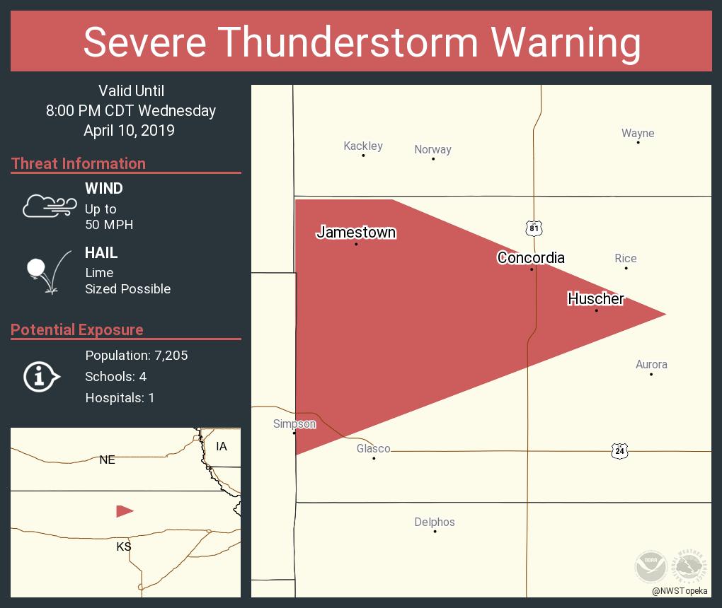 NWSSevereTstorm's tweet image. Severe Thunderstorm Warning continues for Concordia KS, Jamestown KS, Huscher KS until 8:00 PM CDT