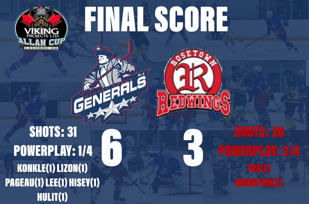 StoneyCreek Generals (@scgenerals) on Twitter photo Final Score! That’s a wrap on pool play at the 2019 <a href="/AllanCup/">Doug Mathieson</a> Generals advance straight to the semifinals on  Friday evening with a 6-3 victory over the <a href="/RRedwings/">Rosetown Redwings Hockey Club</a> #AllanCup Final Score! That’s a wrap on pool play at the 2019 <a href="/AllanCup/">Doug Mathieson</a> Generals advance straight to the semifinals on  Friday evening with a 6-3 victory over the <a href="/RRedwings/">Rosetown Redwings Hockey Club</a> #AllanCup